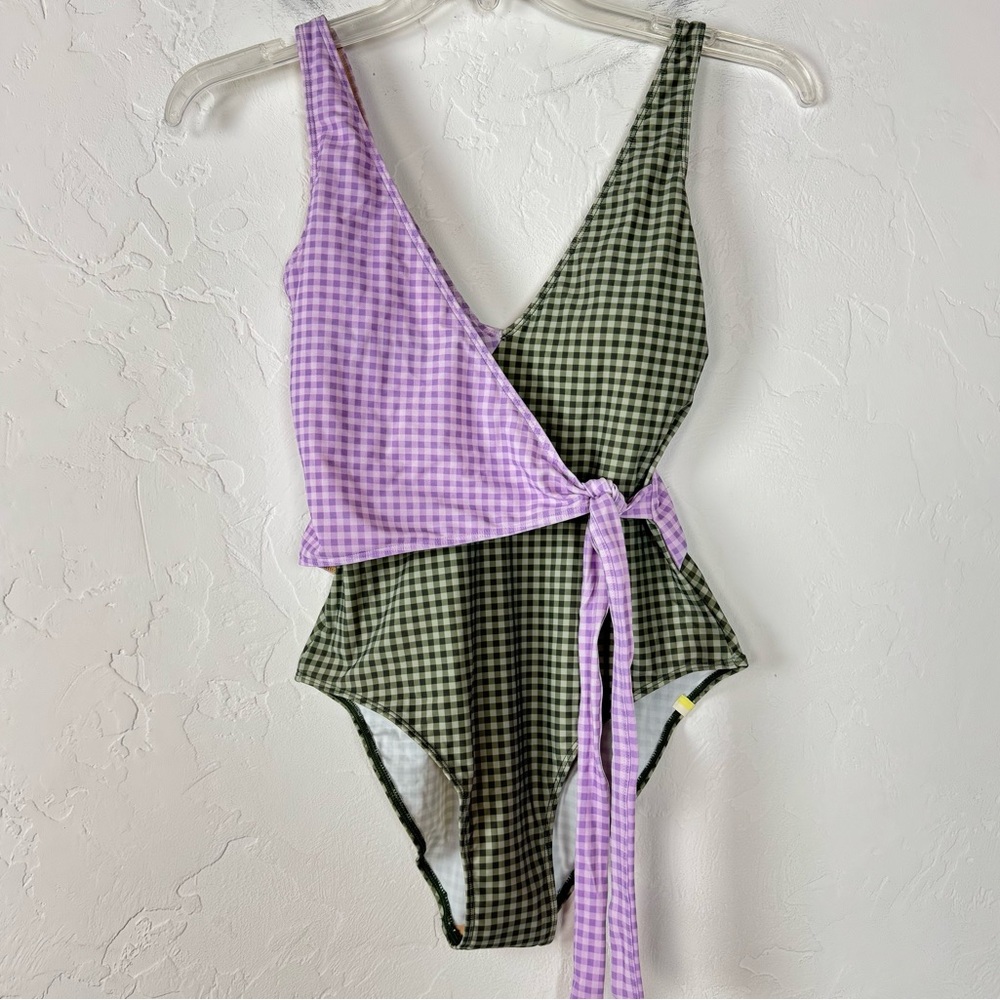 Summersalt Swim Suit One Piece The Wrap‎ Plaid Print Tie Waist Purple Green Knit